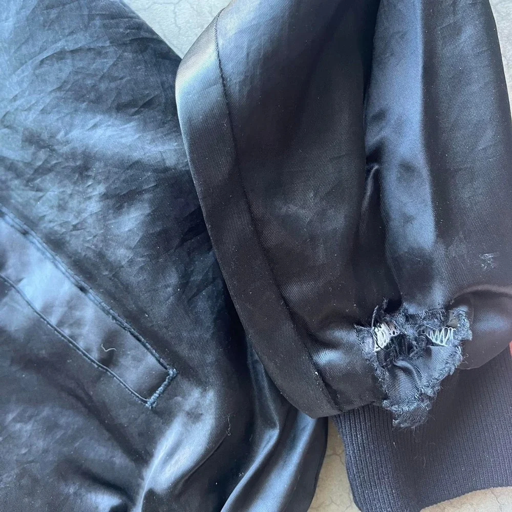 Vintage black satin bomber jacket Linda John Rick ltd Large